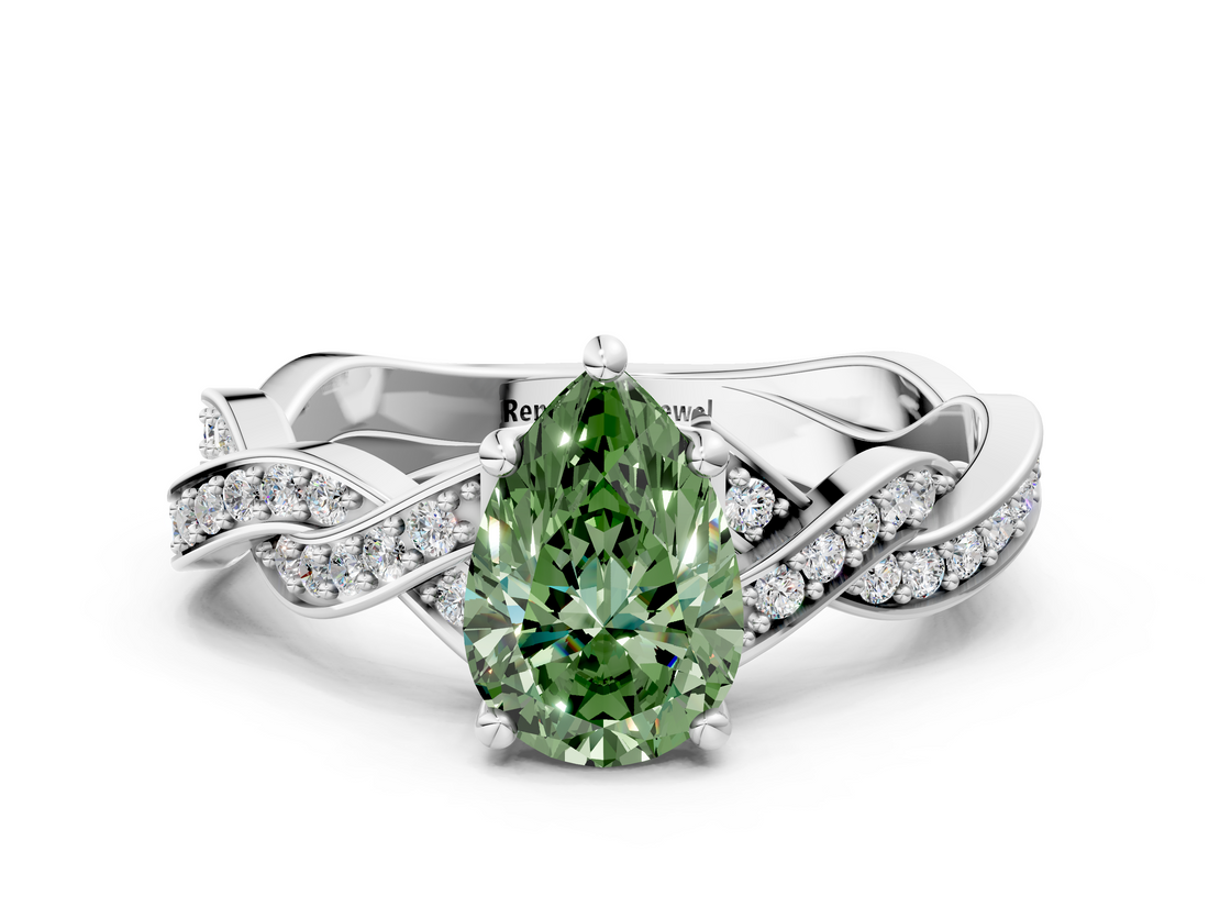 White gold Fancy Green Pear  Cut Twisted Pavé Band Solitaire Ring with Four-Prong Setting_55