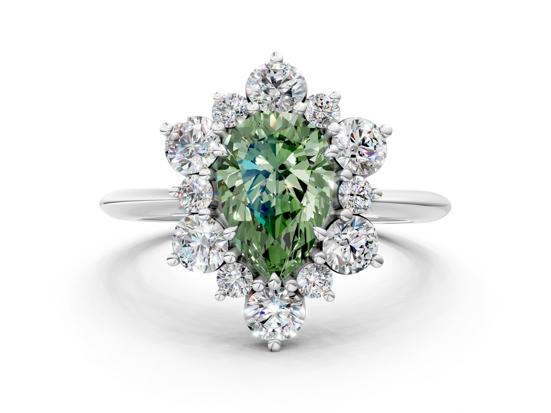 White gold Fancy Green Pear  Diamond Cluster Halo Ring with Solitaire Band and Four-Prong Setting_20