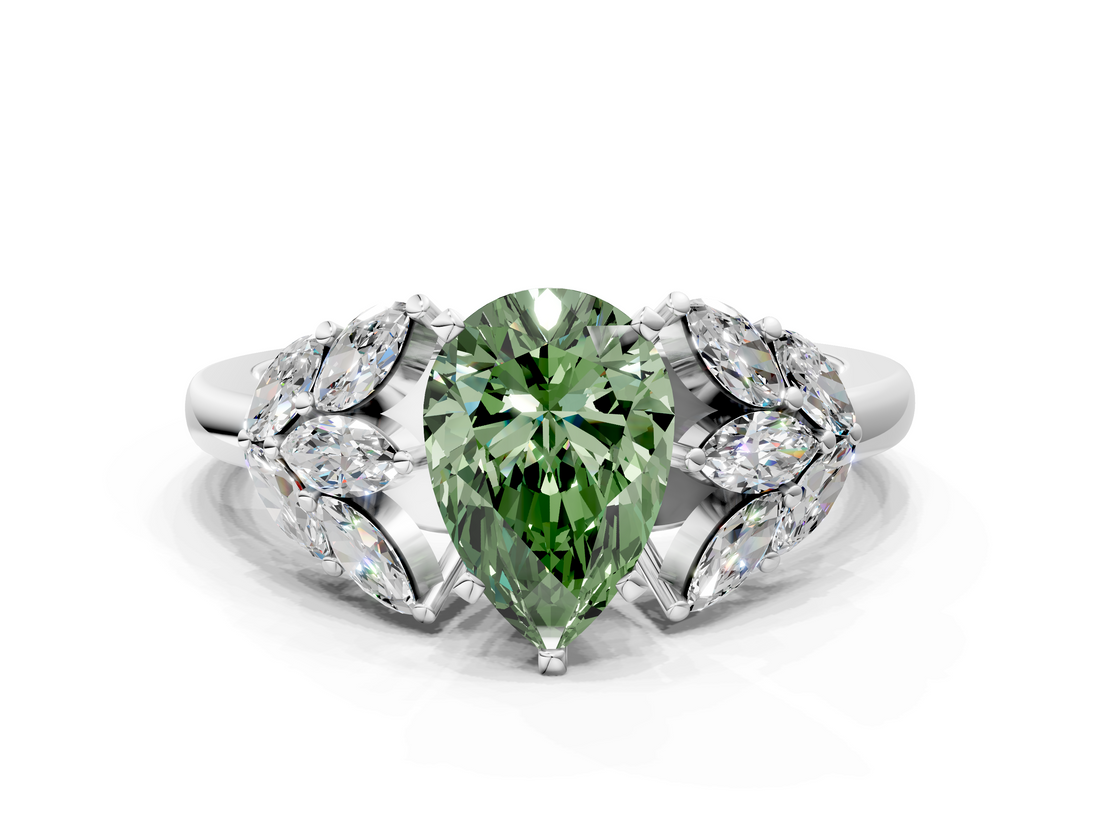 White gold Fancy Green Pear  Diamond Cluster Leaf Design Ring with Prong Setting_53