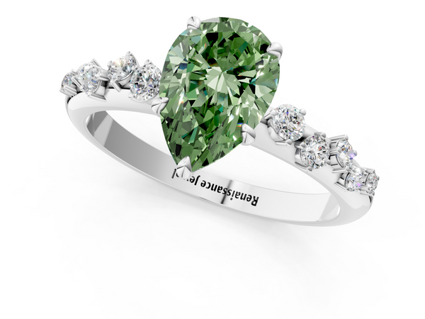 White gold Fancy Green Pear  Diamond Cluster Prong-Set Solitaire Ring