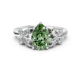 White gold Fancy Green Pear  Diamond Floral Cluster Ring with Solitaire Band and Prong Setting_26