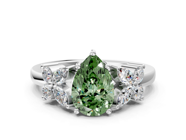 Platinum Fancy Green Pear  Diamond Floral Cluster Ring with Solitaire Band and Prong Setting