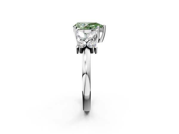 Platinum Fancy Green Pear  Diamond Floral Cluster Ring with Solitaire Band and Prong Setting