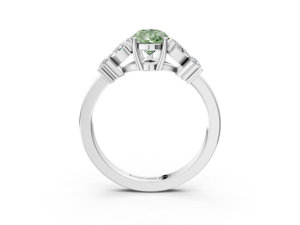Platinum Fancy Green Pear  Diamond Floral Cluster Ring with Solitaire Band and Prong Setting