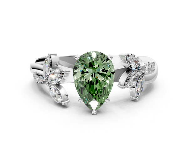 Platinum Fancy Green Pear  Diamond Floral Vine Solitaire Engagement Ring