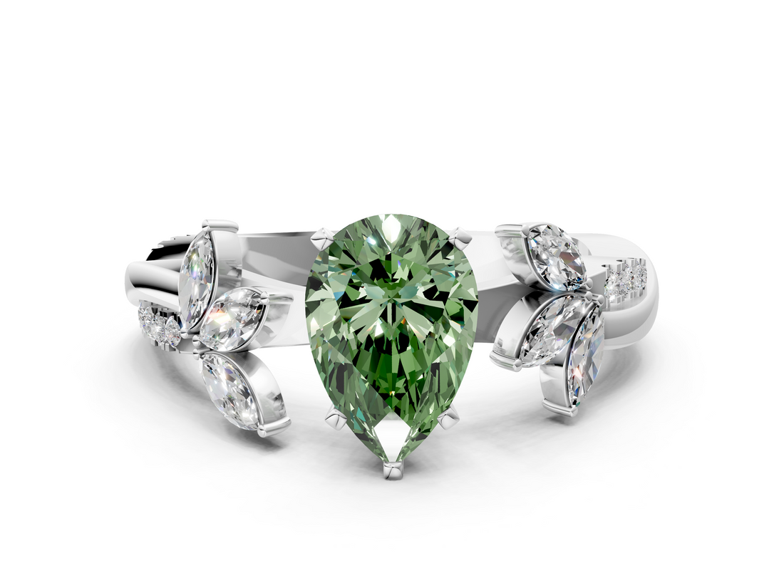 White gold Fancy Green Pear  Diamond Floral Vine Solitaire Engagement Ring_3