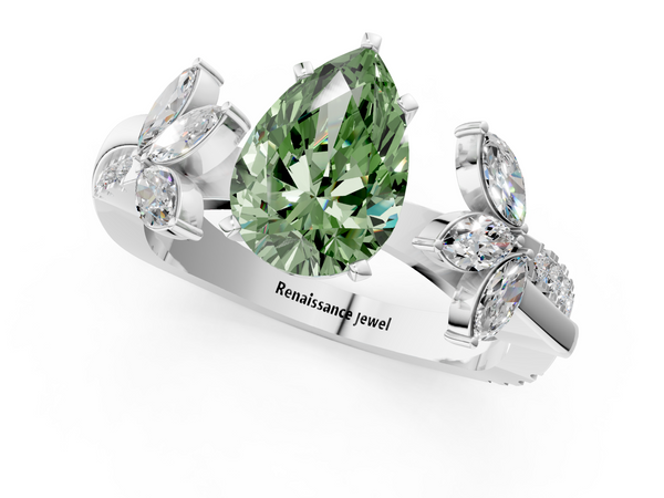Platinum Fancy Green Pear  Diamond Floral Vine Solitaire Engagement Ring