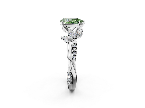 Platinum Fancy Green Pear  Diamond Floral Vine Solitaire Engagement Ring
