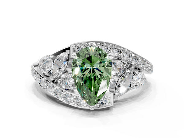 White gold Fancy Green Pear  Diamond Halo Ring with Marquise and Pavé Band in Prong Setting
