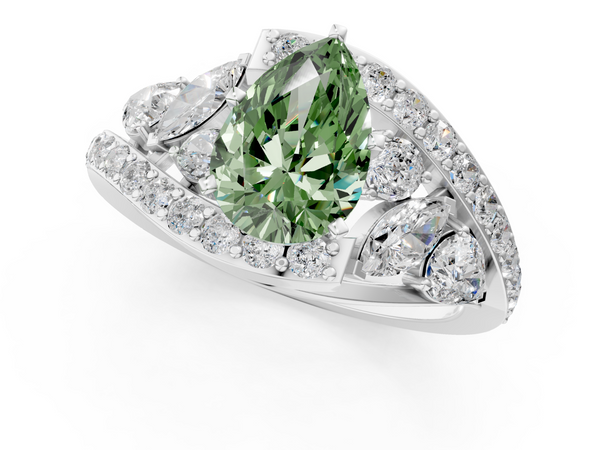 White gold Fancy Green Pear  Diamond Halo Ring with Marquise and Pavé Band in Prong Setting