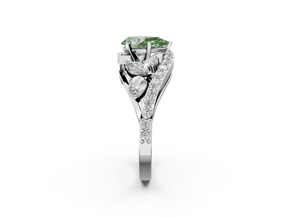 White gold Fancy Green Pear  Diamond Halo Ring with Marquise and Pavé Band in Prong Setting