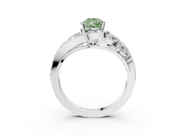 White gold Fancy Green Pear  Diamond Halo Ring with Marquise and Pavé Band in Prong Setting