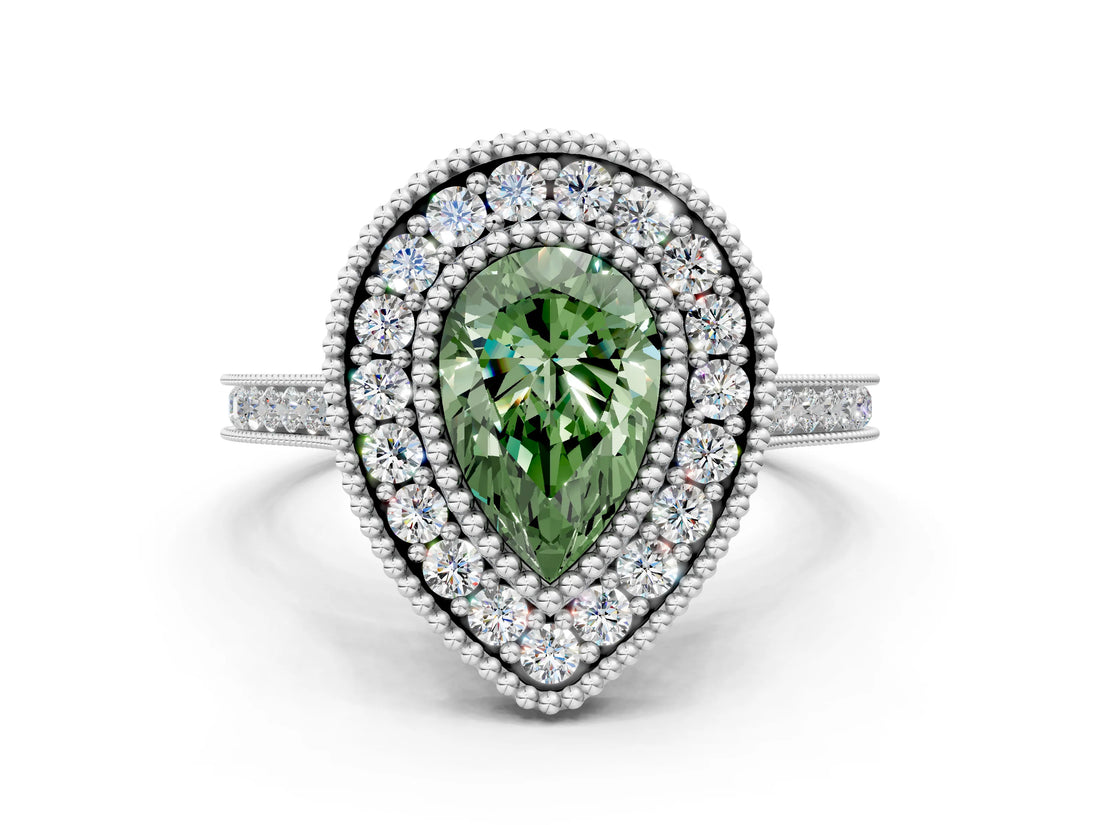 White gold Fancy Green Pear  Diamond Halo Ring with Milgrain Frame and Pavé Band_72