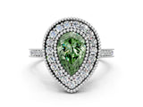 White gold Fancy Green Pear  Diamond Halo Ring with Milgrain Frame and Pavé Band_72