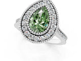 White gold Fancy Green Pear  Diamond Halo Ring with Milgrain Frame and Pavé Band_73