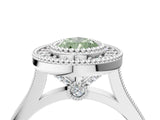 White gold Fancy Green Pear  Diamond Halo Ring with Milgrain Frame and Pavé Band_77