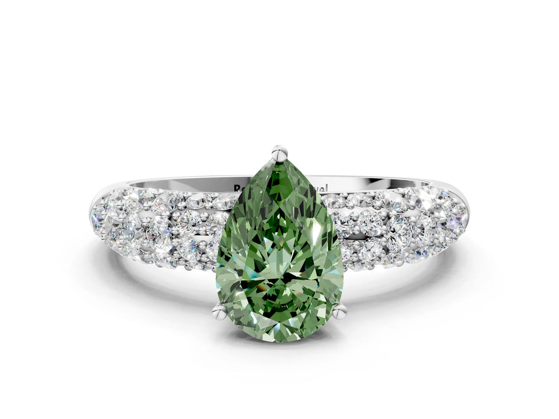 White gold Fancy Green Pear  Diamond Pavé Band Solitaire Ring with Four-Prong Setting_49