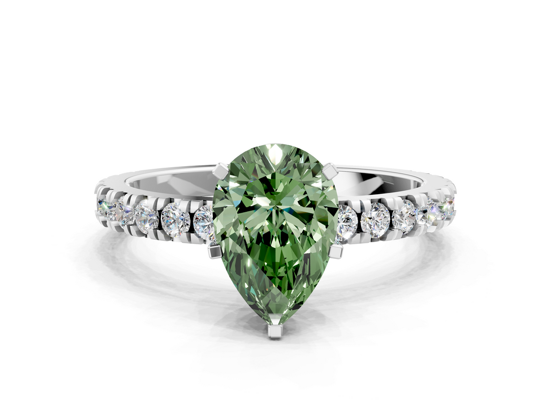 White gold Fancy Green Pear  Diamond Pavé Band Solitaire with Four-Prong Setting_194
