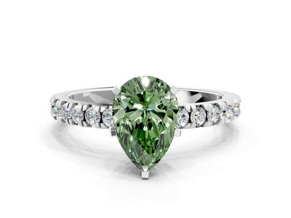 White gold Fancy Green Pear  Diamond Pavé Band Solitaire with Four-Prong Setting