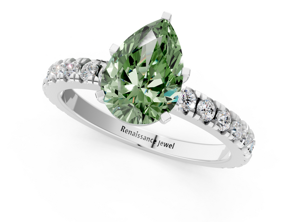 White gold Fancy Green Pear  Diamond Pavé Band Solitaire with Four-Prong Setting