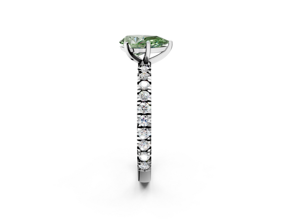 White gold Fancy Green Pear  Diamond Pavé Band Solitaire with Four-Prong Setting