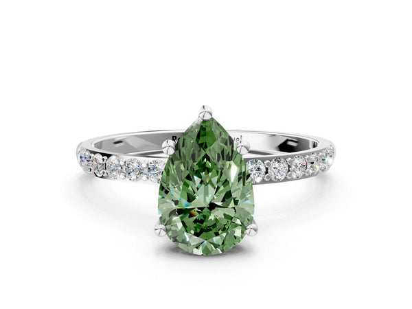 White gold Fancy Green Pear  Diamond Pavé Band with Six-Prong Setting