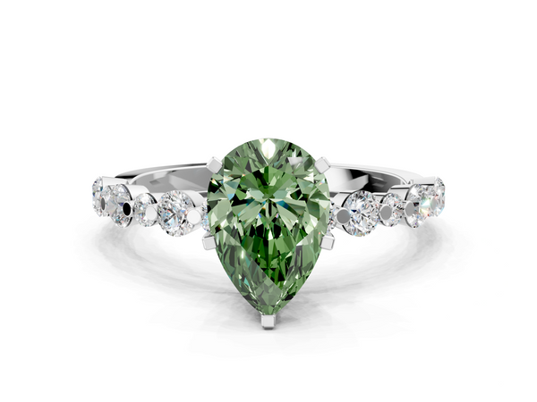 White gold Fancy Green Pear Cut Diamond Prong Set Engagement Ring with Pavé Band