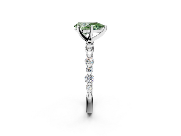 White gold Fancy Green Pear Cut Diamond Prong Set Engagement Ring with Pavé Band