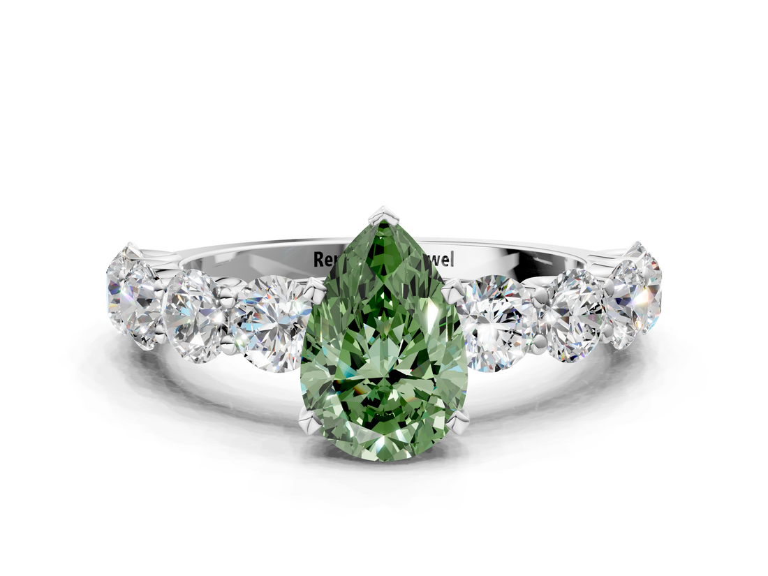 White gold Fancy Green Pear  Diamond Prong Setting with Side Stones on a Pave Band_119