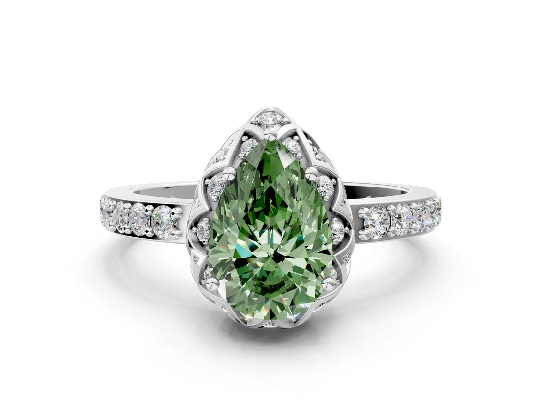 White gold Fancy Green Pear  Diamond Solitaire Ring with Shared Prong Pavé Band_66