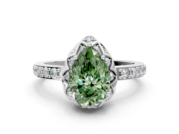 White gold Fancy Green Pear  Diamond Solitaire Ring with Shared Prong Pavé Band