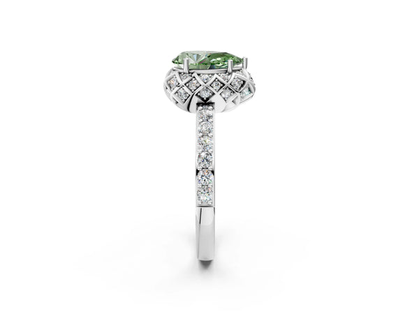 White gold Fancy Green Pear  Diamond Solitaire Ring with Shared Prong Pavé Band