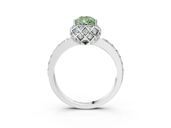 White gold Fancy Green Pear  Diamond Solitaire Ring with Shared Prong Pavé Band