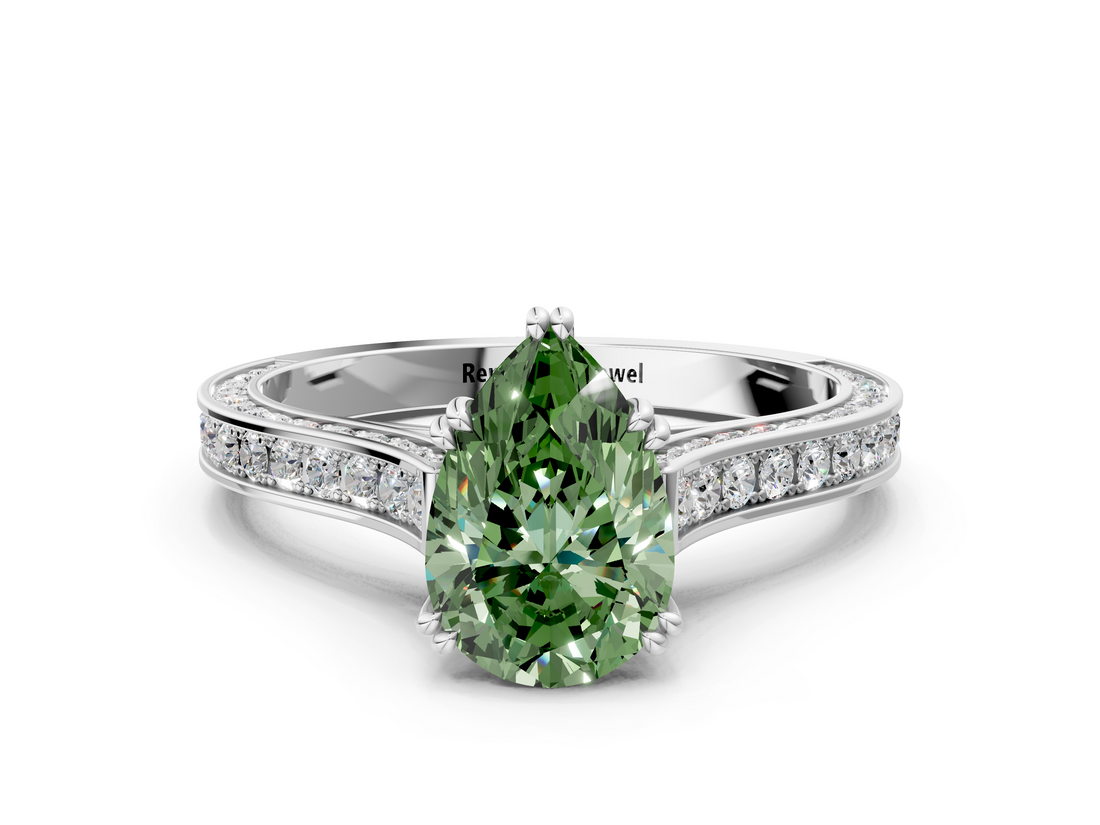 White gold Fancy Green Pear  Diamond Solitaire with Pave Band and Six-Prong Setting_20