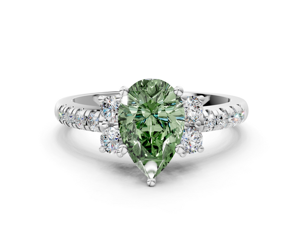 Platinum Fancy Green Pear  Diamond Three-Stone Pave Band with Four-Prong Setting