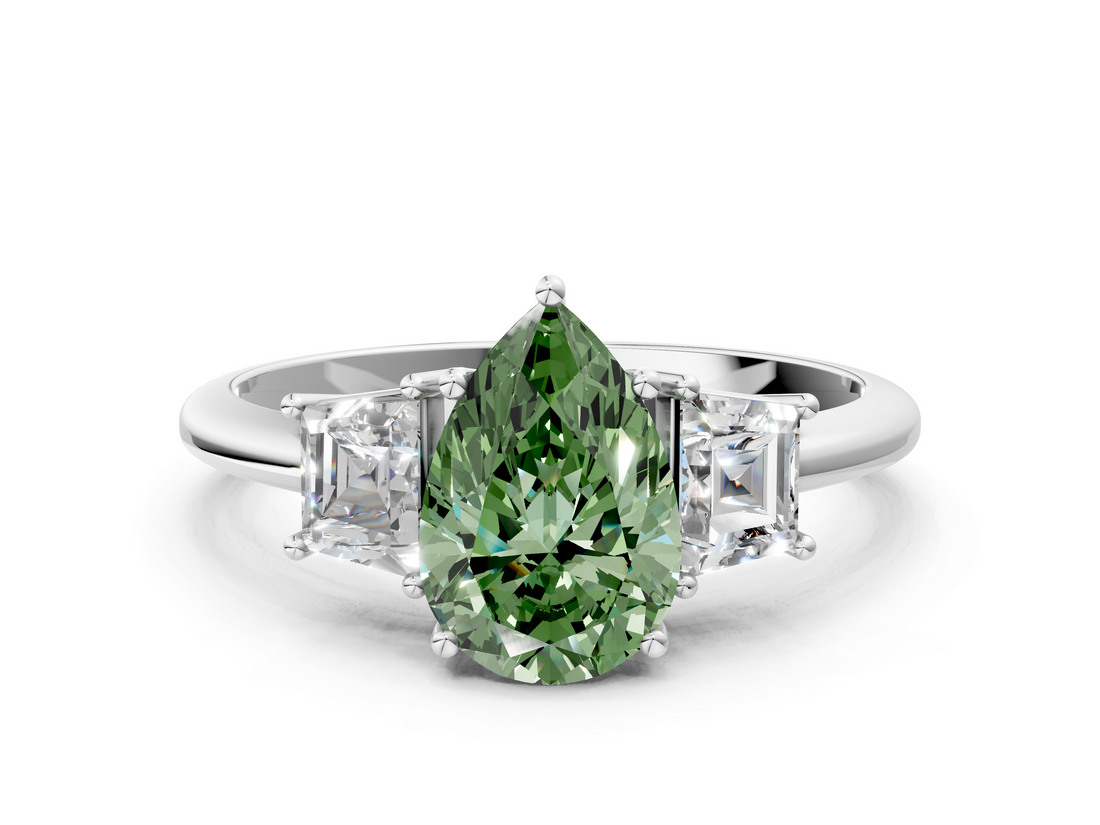 White gold Fancy Green Pear  Diamond Three-Stone Ring with Trapezoid Side Stones and Prong Setting_17