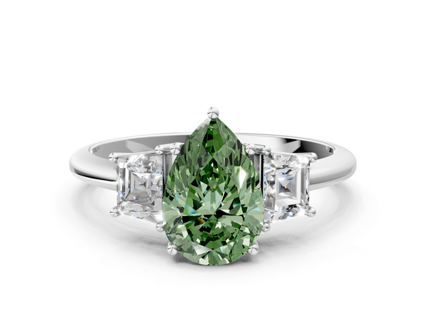 Platinum Fancy Green Pear  Diamond Three-Stone Ring with Trapezoid Side Stones and Prong Setting