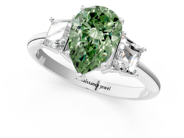 Platinum Fancy Green Pear  Diamond Three-Stone Ring with Trapezoid Side Stones and Prong Setting