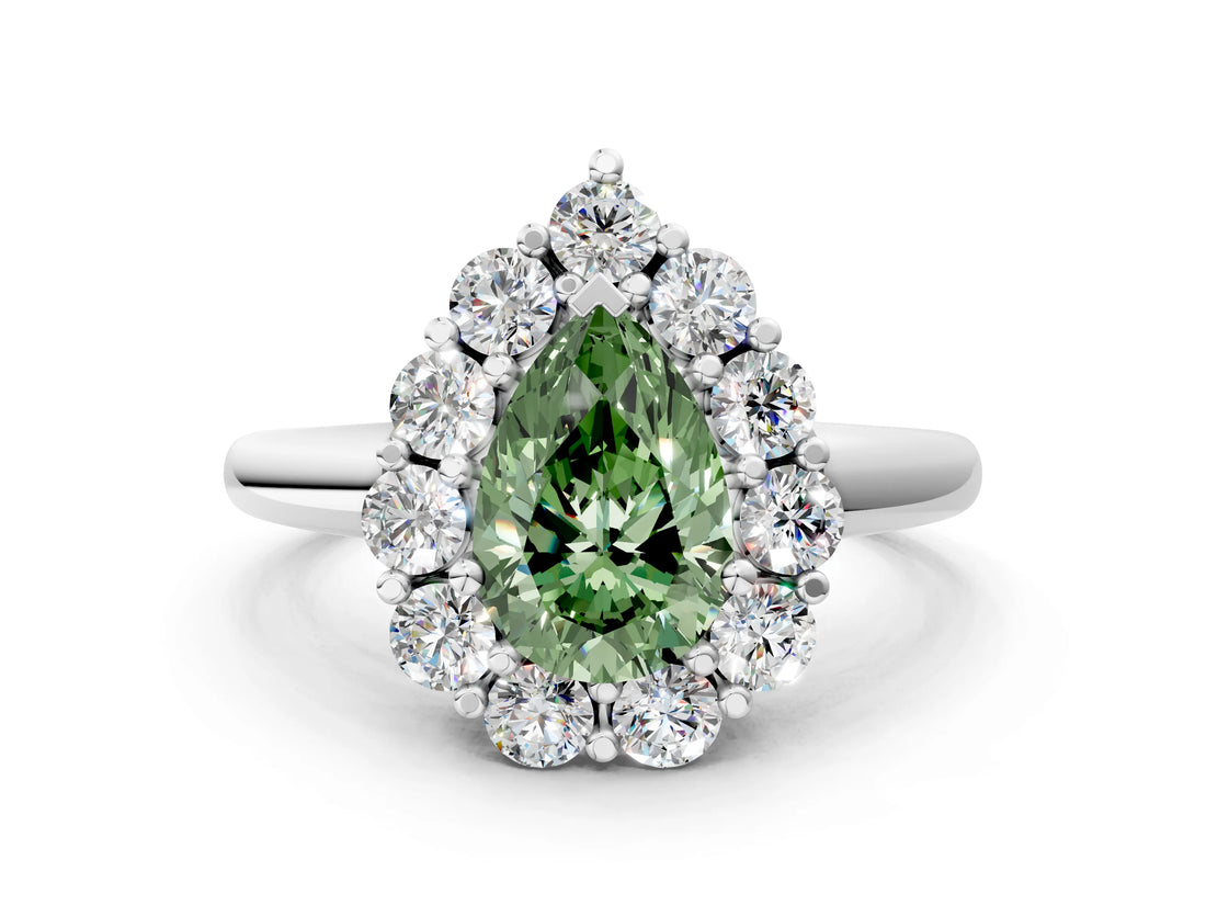 White gold Fancy Green Pear  Halo Cluster Diamond Engagement Ring with Prong Setting and Polished Band_20