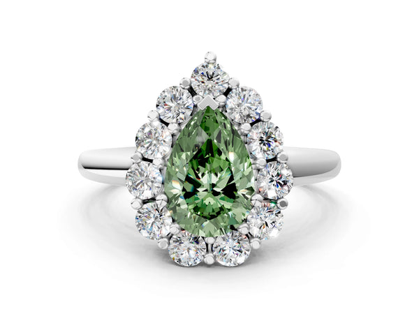 Platinum Fancy Green Pear  Halo Cluster Diamond Engagement Ring with Prong Setting and Polished Band