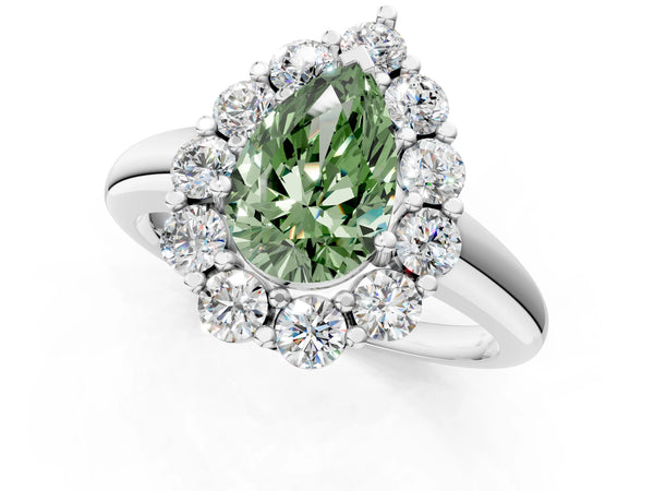 Platinum Fancy Green Pear  Halo Cluster Diamond Engagement Ring with Prong Setting and Polished Band