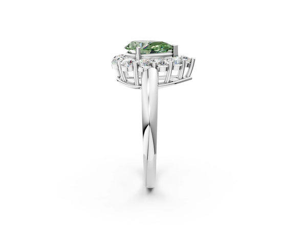 Platinum Fancy Green Pear  Halo Cluster Diamond Engagement Ring with Prong Setting and Polished Band
