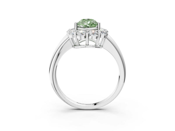 Platinum Fancy Green Pear  Halo Cluster Diamond Engagement Ring with Prong Setting and Polished Band