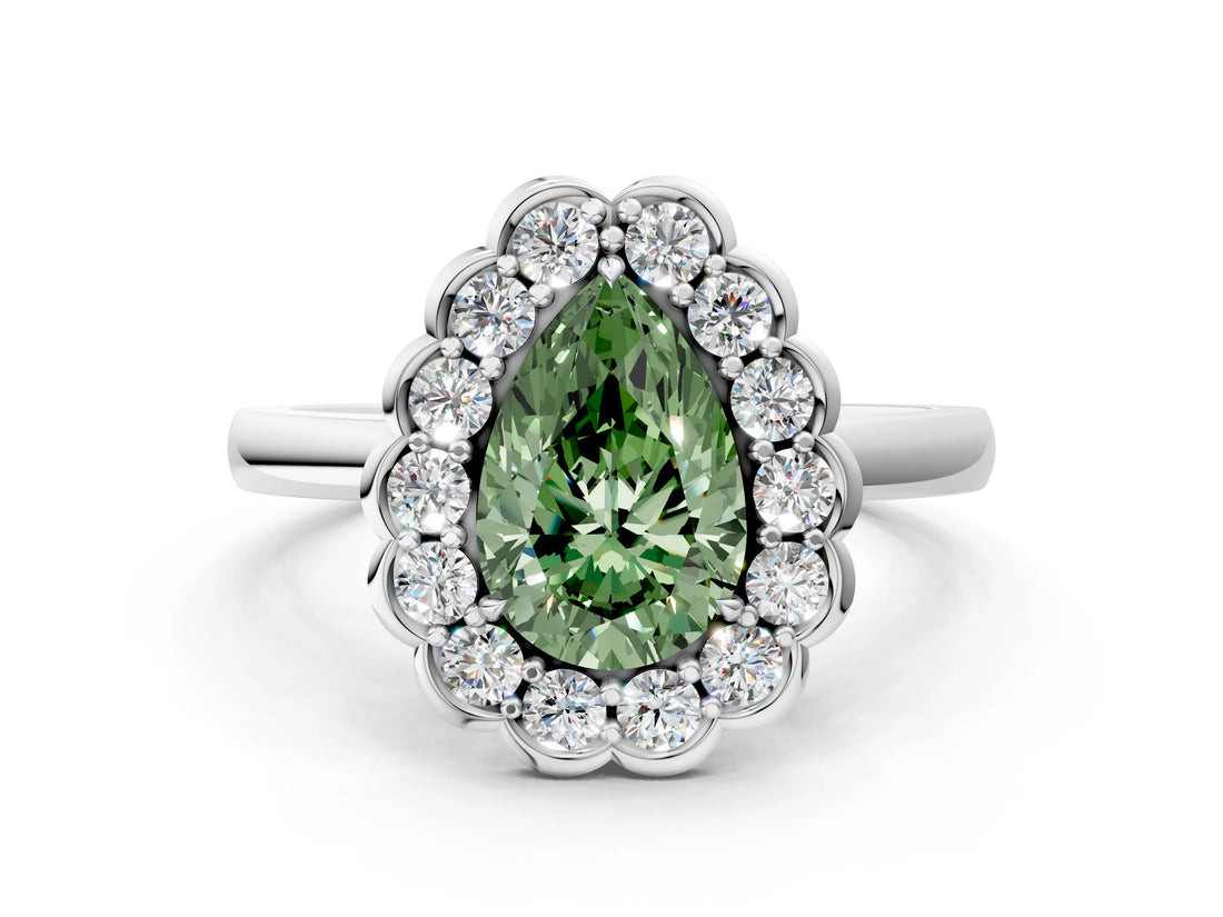 White gold Fancy Green Pear  Halo Cluster Diamond Engagement Ring with Solitaire Band and Prong Setting_78