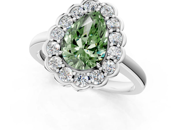 Platinum Fancy Green Pear  Halo Cluster Diamond Engagement Ring with Solitaire Band and Prong Setting
