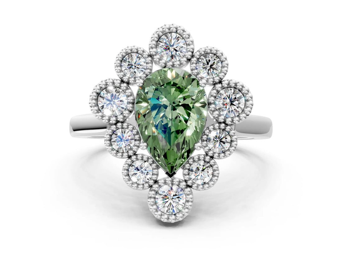 White gold Fancy Green Pear  Halo Diamond Cluster Engagement Ring with Milgrain Bezel Setting and Solitaire Band_75