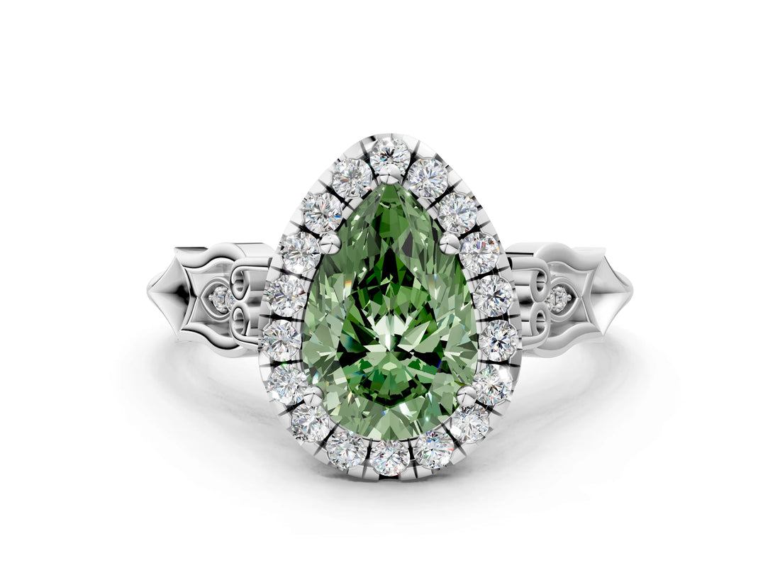 White gold Fancy Green Pear  Halo Diamond Engagement Ring with Filigree Band and Four-Prong Setting_105