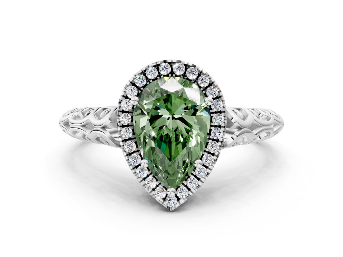 White gold Fancy Green Pear  Halo Diamond Engagement Ring with Intricate Filigree Band and Four-Prong Setting_54