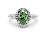 White gold Fancy Green Pear  Halo Diamond Engagement Ring with Intricate Filigree Band and Four-Prong Setting_54