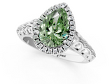 White gold Fancy Green Pear  Halo Diamond Engagement Ring with Intricate Filigree Band and Four-Prong Setting_55